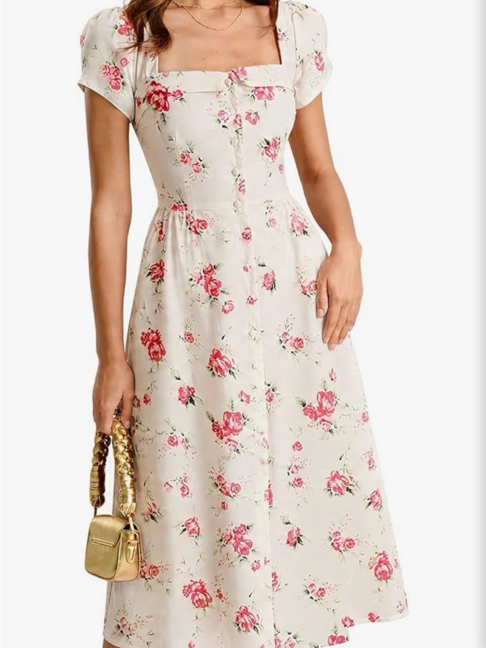 RIHOAS Cream Midi Dress with Pink Rose Print